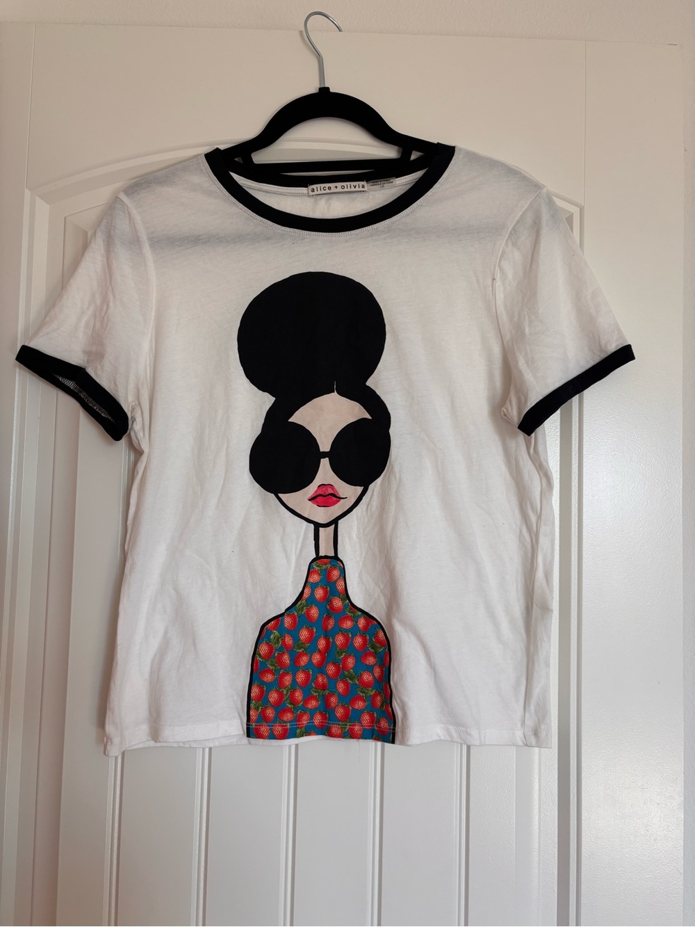 Alice + Olivia Stace Face Graphic Ringer Tee w. Black Trim and Multicolor Print